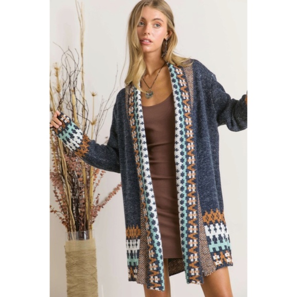 SOLD OUT Navy Tribal Pattern Knit Open Front Cardigan Fall Winter Boho Bohemian - Picture 3 of 5